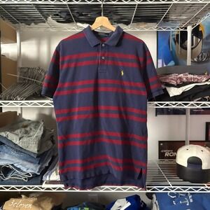 Vintage Polo Ralph‎ Lauren Mens Striped Short Sleeve Polo Shirt Navy Red Size L